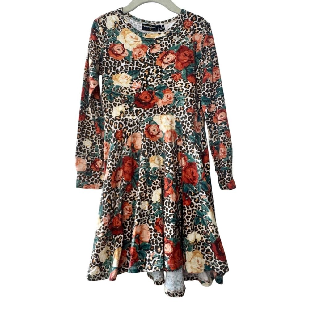 ROCK YOUR KID Leopard Floral Dress Girls 7 Long Sleeve Cotton Full Twirl Girl - Picture 1 of 6